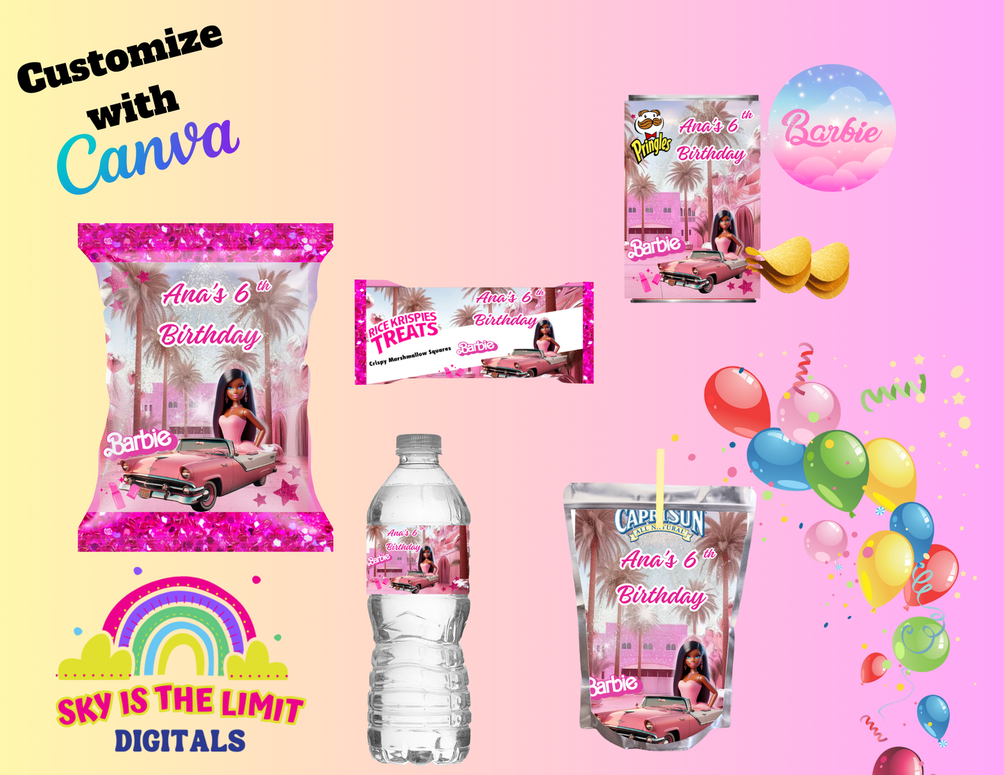 Barbie doll party favor editable template(CANVA)